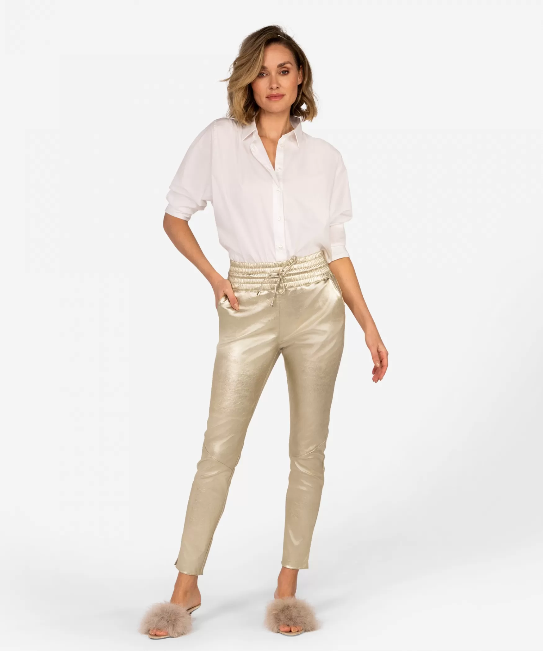 IBANA Poggy Metallic | Soft gold< High Waist | Leren Broeken